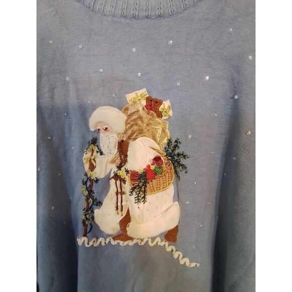 Quacker Factory; blue winter pullover sweater with Christmas theme. - Picture 6 of 7